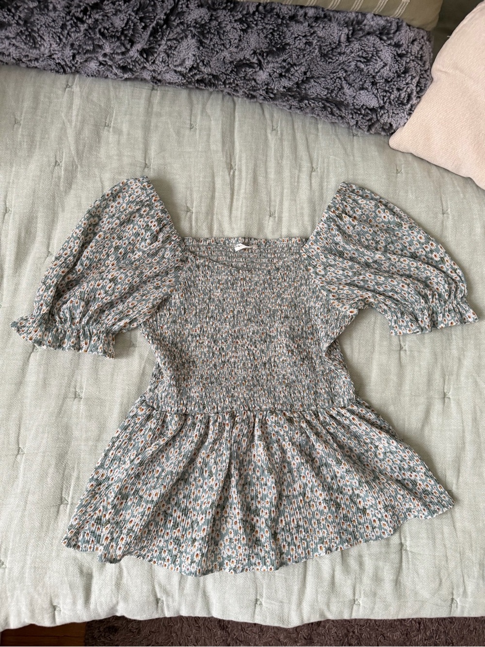 In Bloom Green Floral Smocked Peplum Top with Puff Sleeves